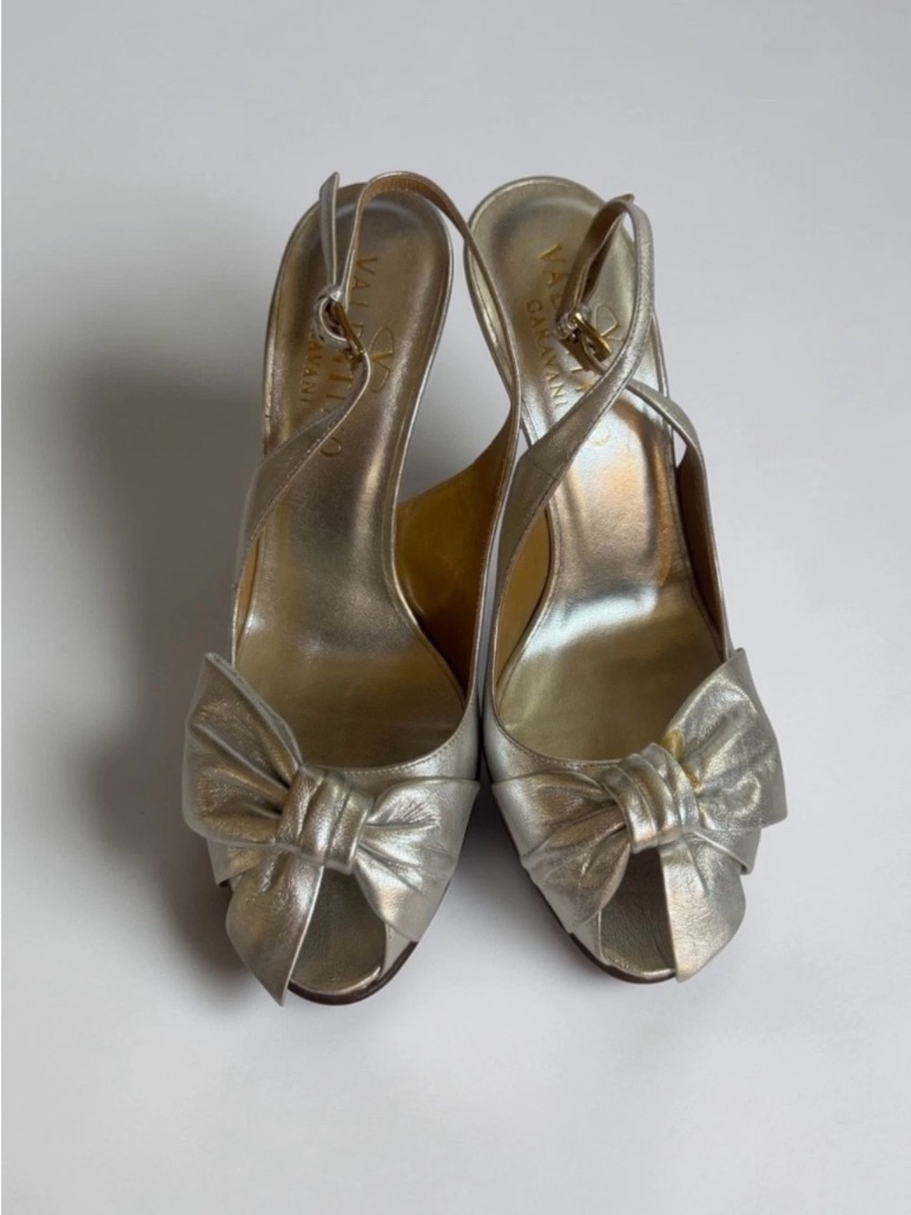Vintage Valentino Garavani Silver Bow Peep-Toe Slingback Heels
